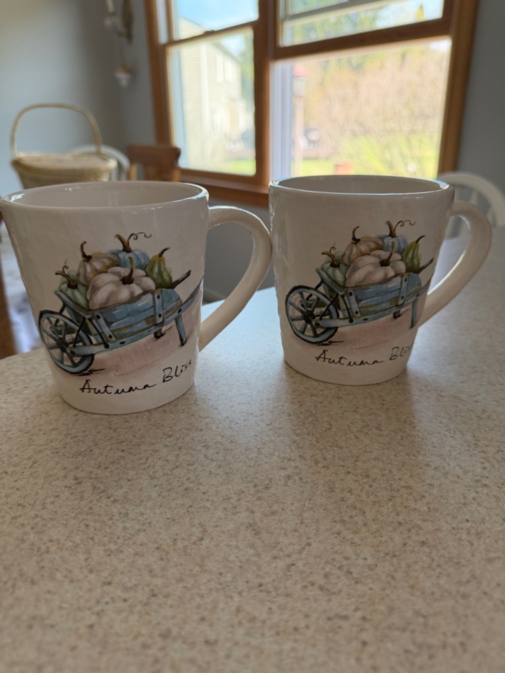 Pier 1 Autumn Bliss White Ceramic Mug with Wheelbarrow Design - Set of 2